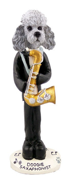 Gray Poodle with Sport Cut Saxophonist Doogie Collectible Dog Figurine