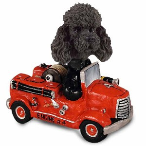 Black Poodle with Sport Cut Fire Engine Doogie Collectible Dog Figurine