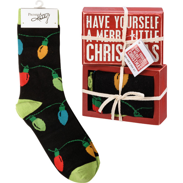 Decorative Box Sign & Colorfully Printed Socks Gift Set - A Merry Little Christmas from Primtives by Kathy