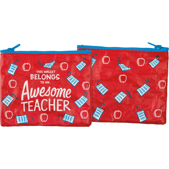 Double Sided Zipper Wallet - Awesome Teacher - Apple & Homework Print Design - 5.25 Inch from Primitives by Kathy