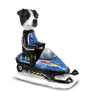 Black & White Smooth Coat Jack Russell Terrier Snowmobile Doogie Collectible Dog Figurine