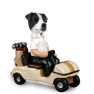 Black & White Smooth Coat Jack Russell Terrier Golf Cart Doogie Collectible Dog Figurine