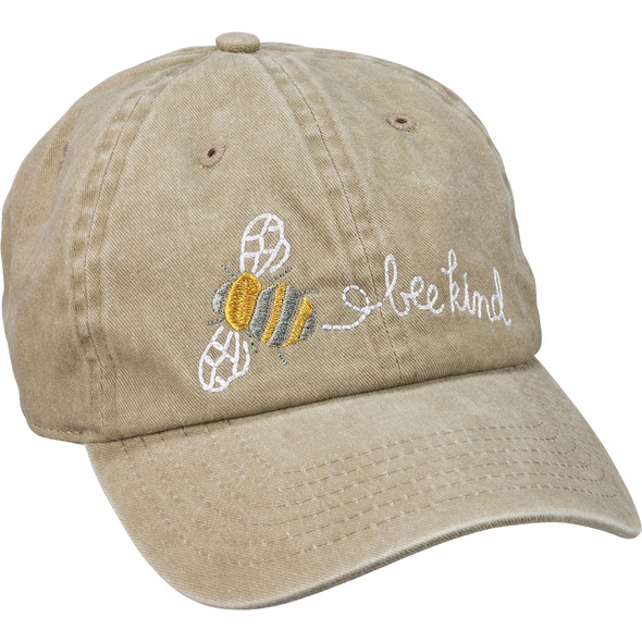 Adjustable Cotton Baseball Cap - Bee Kind - Tan With Stitched Bumblebee Design from Primitives by Kathy