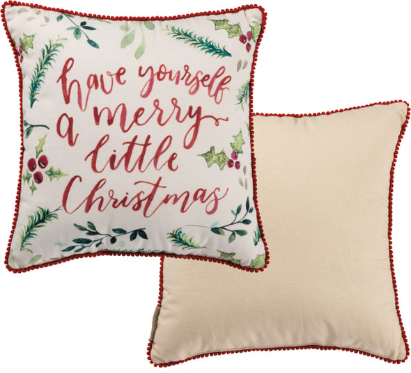 Merry Little Christmas Cotton Pillow - Holiday Home Decor - 15x15 Inches - Soft & Durable with Ribbon Trim and Zipper Closure from Primitives by Kathy