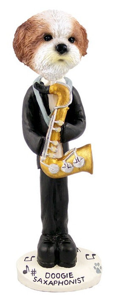 Tan Shih Tzu with Sport Cut Saxophonist Doogie Collectible Dog Figurine