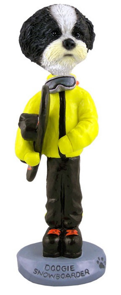 Black & White Shih Tzu with Sport Cut Snowboarder Doogie Collectible Dog Figurine