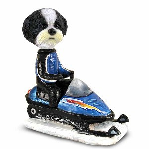 Black & White Shih Tzu with Sport Cut Snowmobile Doogie Collectible Dog Figurine