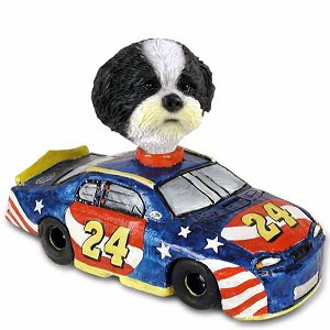 Black & White Shih Tzu with Sport Cut Race Car Doogie Collectible Dog Figurine