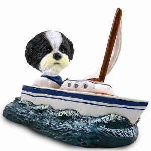 Black & White Shih Tzu with Sport Cut Sailboat Doogie Collectible Dog Figurine