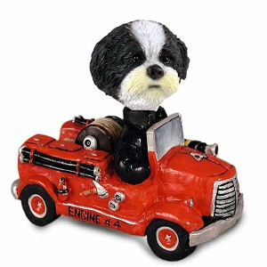 Black & White Shih Tzu with Sport Cut Fire Engine Doogie Collectible Dog Figurine