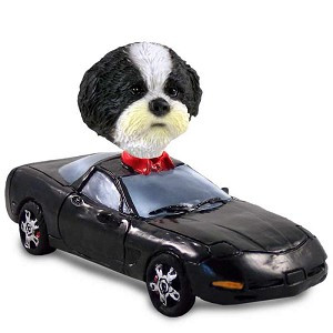 Black & White Shih Tzu with Sport Cut Sports Car Doogie Collectible Dog Figurine