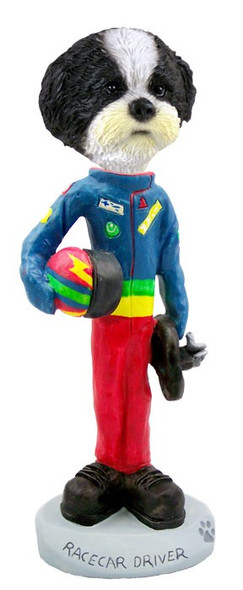 Black & White Shih Tzu with Sport Cut Racecar Driver Doogie Collectible Dog Figurine