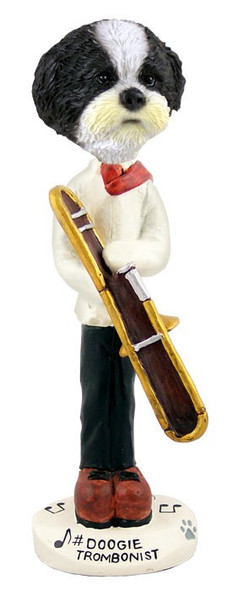 Black & White Shih Tzu with Sport Cut Trombonist Doogie Collectible Dog Figurine