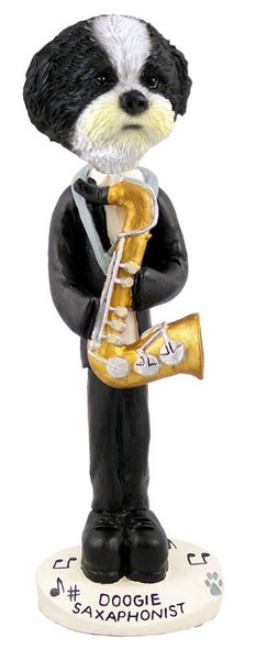 Black & White Shih Tzu with Sport Cut Saxophonist Doogie Collectible Dog Figurine