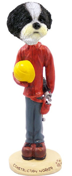 Black & White Shih Tzu with Sport Cut Construction Worker Doogie Collectible Dog Figurine