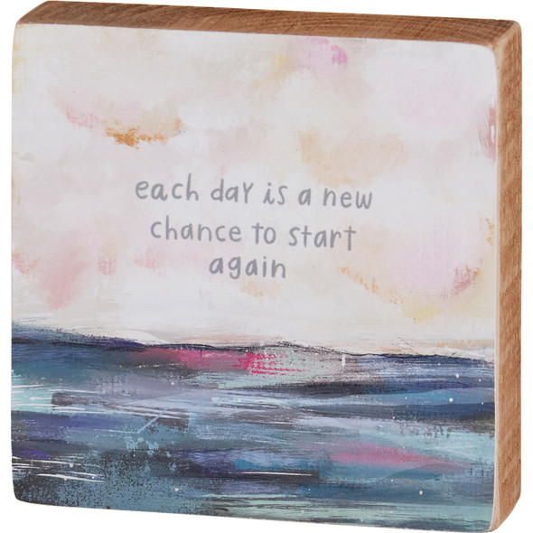 Inspirational A New Day To Start Again Wooden Block Sign - 4x4 - Hand Illustrated Beach Landscape Design from Primitives by Kathy