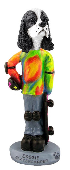 Black & White Cocker Spaniel Skateboarder Doogie Collectible Dog Figurine