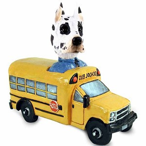 Harlequin Great Dane School Bus Doogie Collectible Dog Figurine
