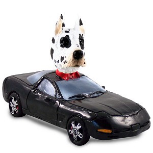 Harlequin Great Dane Sports Car Doogie Collectible Dog Figurine