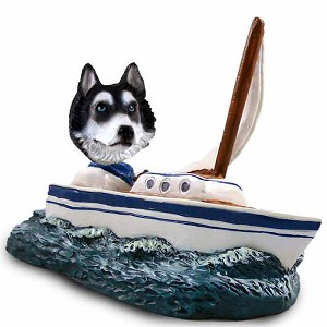 Black & White with Blue Eyes Husky Sailboat Doogie Collectible Dog Figurine