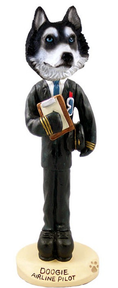 Black & White with Blue Eyes Husky Airline Pilot Doogie Collectible Dog Figurine