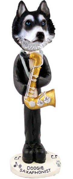 Black & White with Blue Eyes Husky Saxophonist Doogie Collectible Dog Figurine