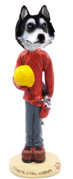 Black & White with Blue Eyes Husky Construction Worker Doogie Collectible Dog Figurine