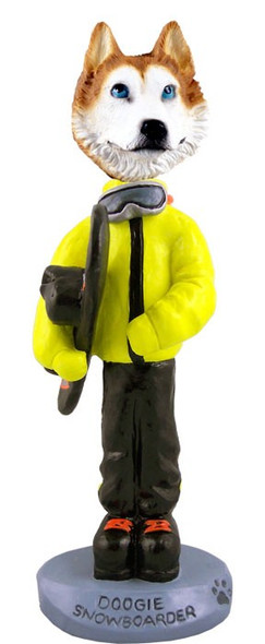 Red & White with Blue Eyes Husky Snowboarder Doogie Collectible Dog Figurine