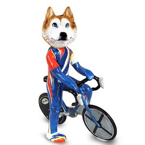 Red & White with Blue Eyes Husky Bicycle Doogie Collectible Dog Figurine