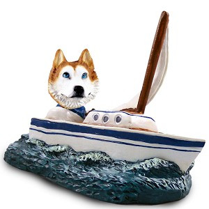 Red & White with Blue Eyes Husky Sailboat Doogie Collectible Dog Figurine