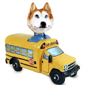 Red & White with Blue Eyes Husky School Bus Doogie Collectible Dog Figurine