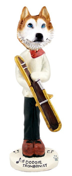 Red & White with Blue Eyes Husky Trombonist Doogie Collectible Dog Figurine