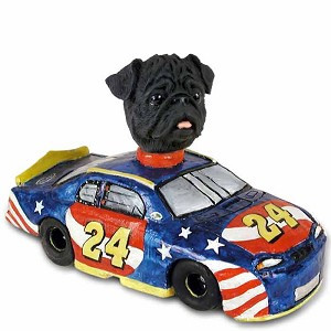 Black Pug Race Car Doogie Collectible Dog Figurine