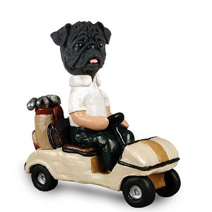 Black Pug Golf Cart Doogie Collectible Dog Figurine