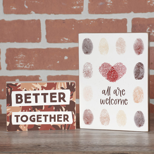 Better Together Decorative Wooden Block Sign - Diverse Hand Print Designs in Skin Tone Colors 5 Inch from Primitives by Kathy