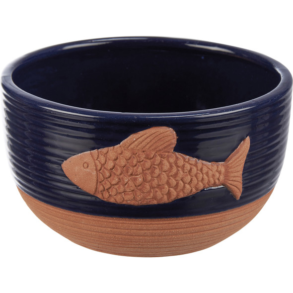 Beach House Themed Ceramic Fish Bowl - Blue & Brown 5.25 Inch Diameter from Primitives by Kathy