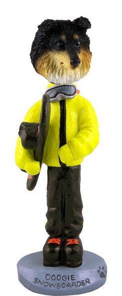 Tricolor Sheltie Snowboarder Doogie Collectible Dog Figurine
