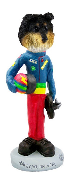 Tricolor Sheltie Racecar Driver Doogie Collectible Dog Figurine