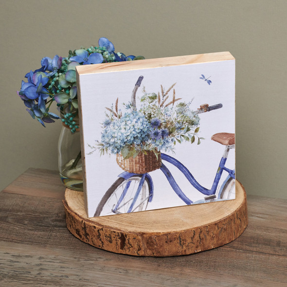 Decorative Wooden Block Sign Decor - Watercolor Flower Basket Bike 6x6 from Primitives by Kathy