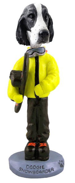 Black & White Springer Spaniel Snowboarder Doogie Collectible Dog Figurine