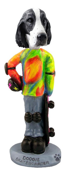 Black & White Springer Spaniel Skateboarder Doogie Collectible Dog Figurine