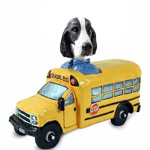 Black & White Springer Spaniel School Bus Doogie Collectible Dog Figurine