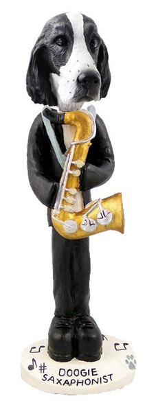 Black & White Springer Spaniel Saxophonist Doogie Collectible Dog Figurine
