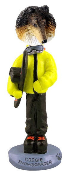 Tricolor Collie Snowboarder Doogie Collectible Dog Figurine