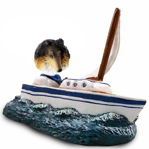 Tricolor Collie Sailboat Doogie Collectible Dog Figurine