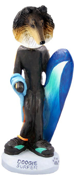 Tricolor Collie Surfer Doogie Collectible Dog Figurine