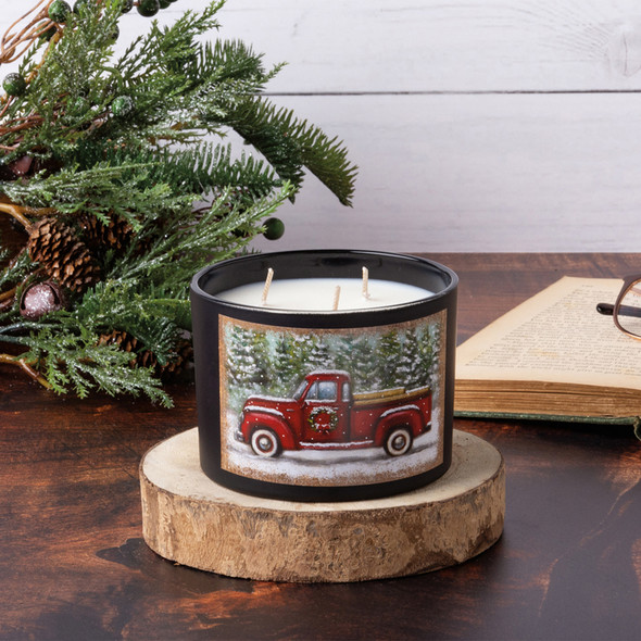 3 Wick Matte Black Glass Jar Candle - Red Pickup Truck In Snowy Pines - Fresh Spruce Scent 14 Oz from Primitives by Kathy