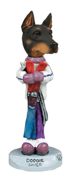 Black Doberman Pinscher Cropped Ears Skier Doogie Collectible Dog Figurine