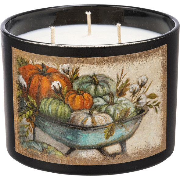 Matte Black Glass Jar Candle - Pumpkins & Cotton Stems Wheelbarrow - Pumpkin Spice Scent from Primitives by Kathy