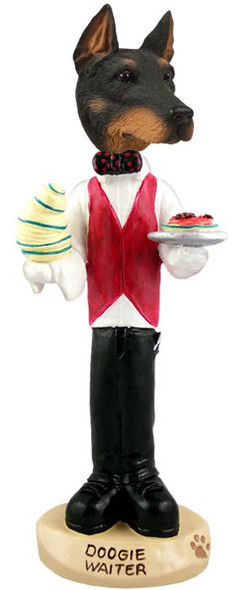 Black Doberman Pinscher Cropped Ears Waiter Doogie Collectible Dog Figurine